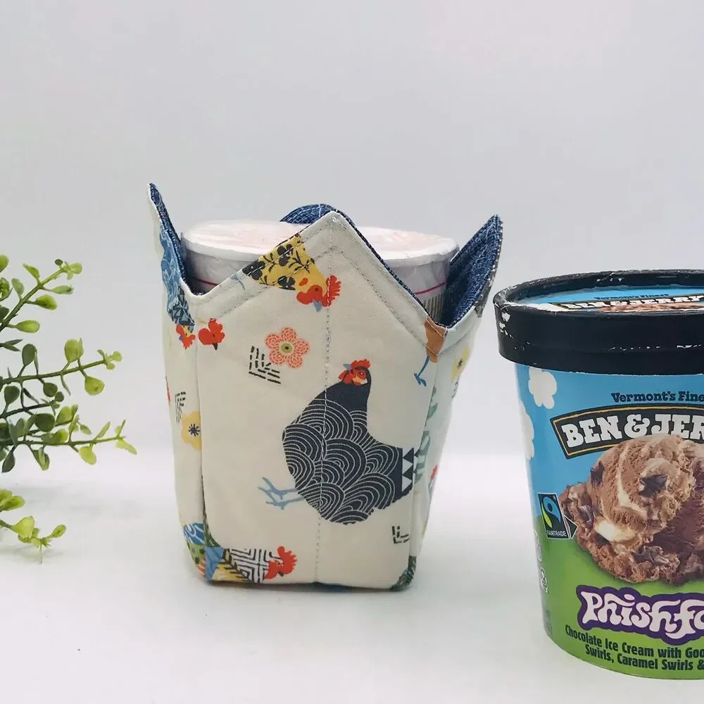 Microwave Pint Size Cozy, Reversible, Cottage Core Patchwork Chickens Cream Blue